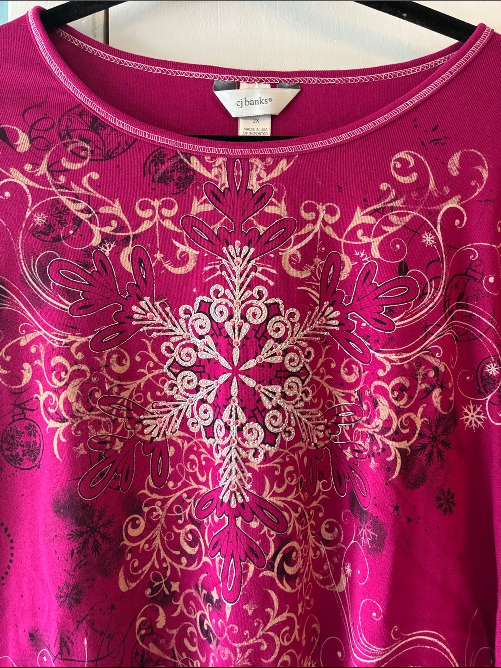 CJ Banks Bright Fuchsia Long-Sleeve Graphic Scoop-Neck Top